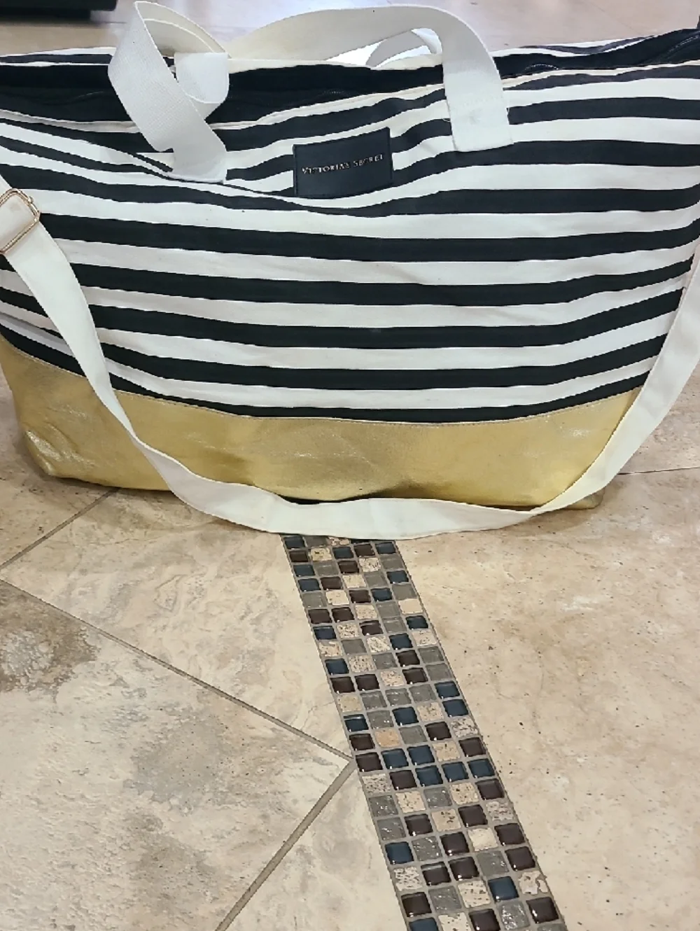 Victoria's Secret Black & White Striped Tote with Gold Bottom